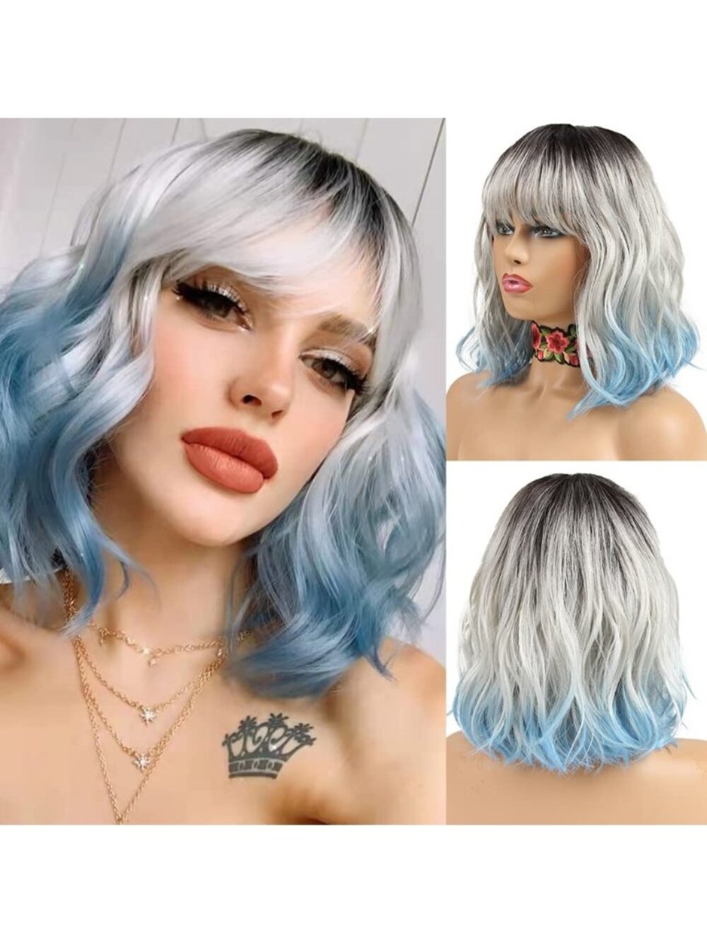 Women's  Sliver Blue Ombre Bob Party Wig with Bangs Short Curly Synthetic